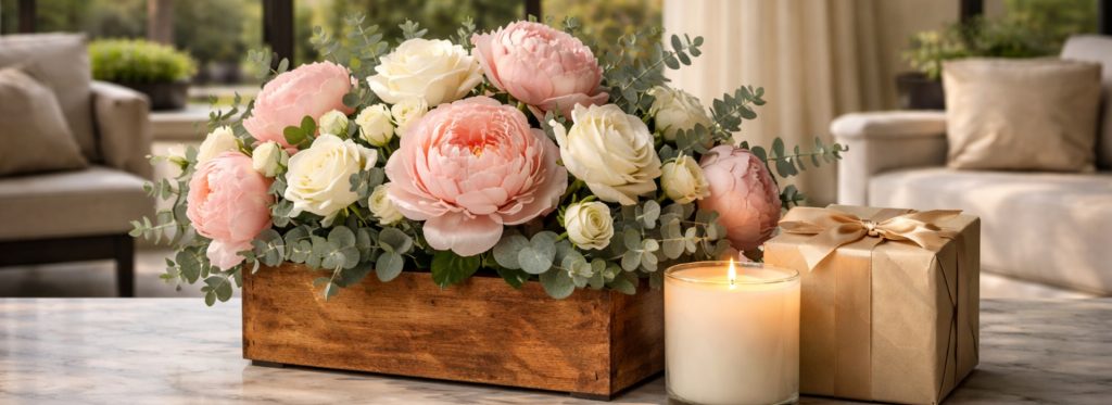 fresh flowers in Dubai in wooden planter with UAE made candle on coffee table