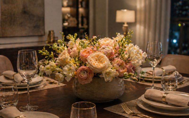 Low floral centrepiece of peach garden roses and ranunculus in a stone bowl on a Dubai dining table set with gold cutlery and linen napkins