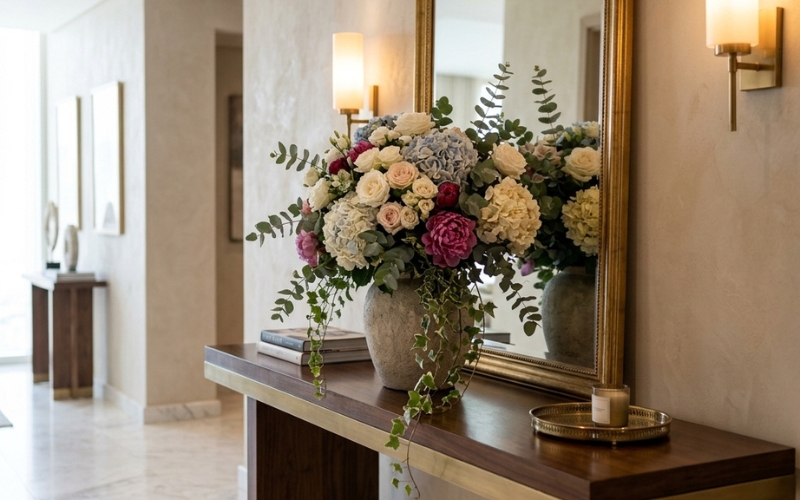 Grand entryway flower styling Dubai home — oversized arrangement of roses, hydrangeas and peonies in a stone vase on a console table with gold mirror