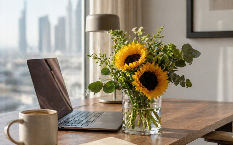 Sunflowers and eucalyptus in a glass vase on a wooden home office desk with a laptop, coffee and Dubai skyline view