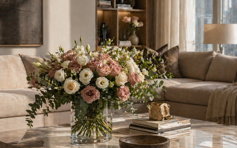 Flower styling Dubai home living room — wide arrangement of dusty pink roses and white lisianthus on a marble coffee table with Dubai skyline in background