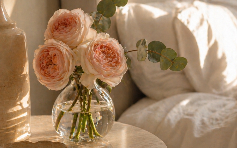 Small glass bud vase with three blush garden roses and eucalyptus on a marble side table beside a cream sofa in a softly lit Dubai home