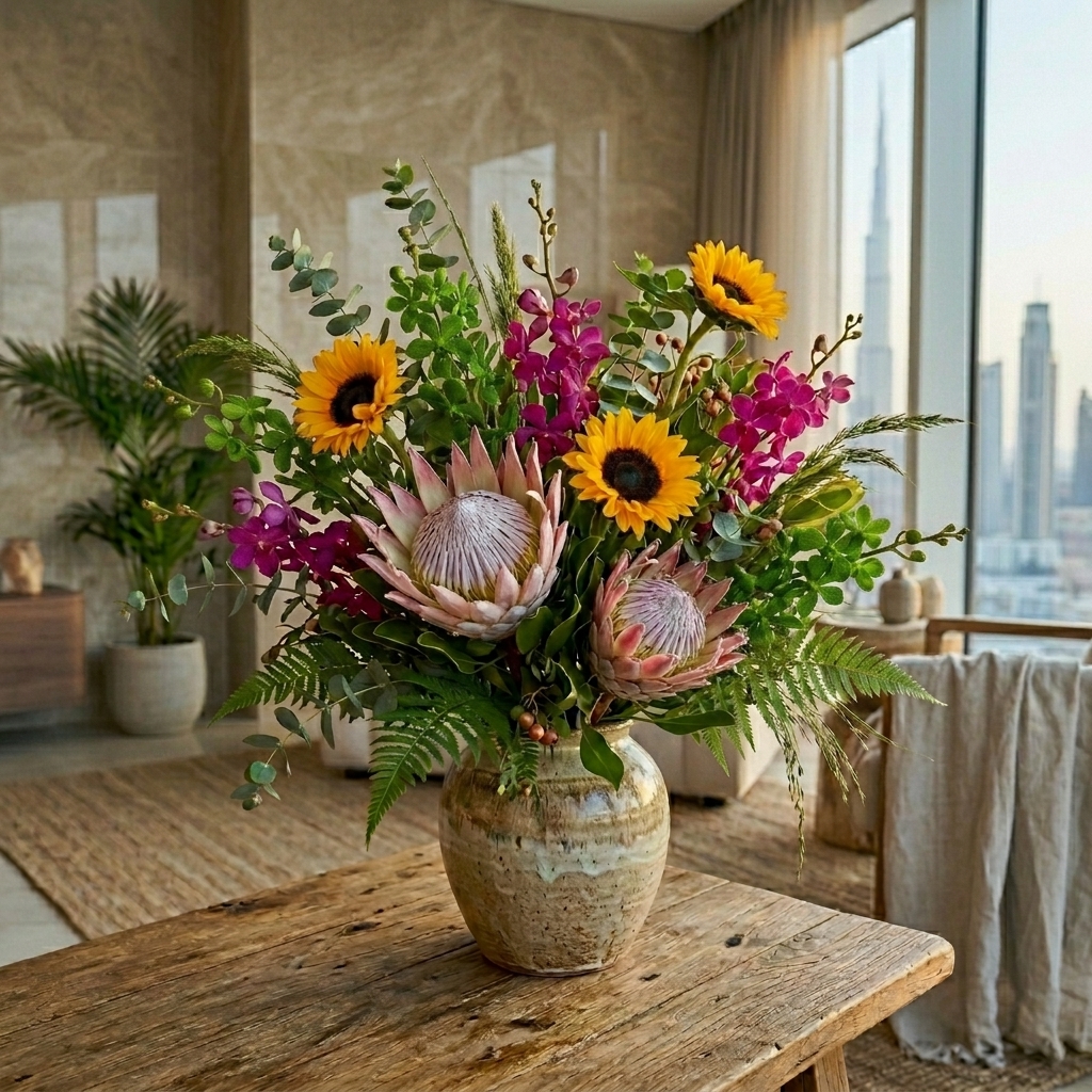 Heat-resilient protea, sunflowers, and purple orchids in a ceramic vase with Dubai skyline in background