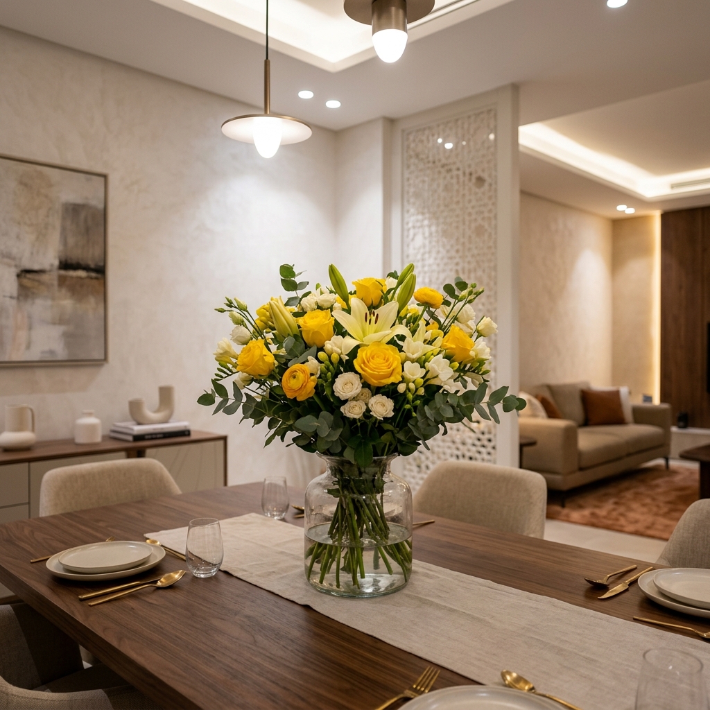 resh yellow roses and lilies in a glass vase on a dining table inside a modern UAE home interior