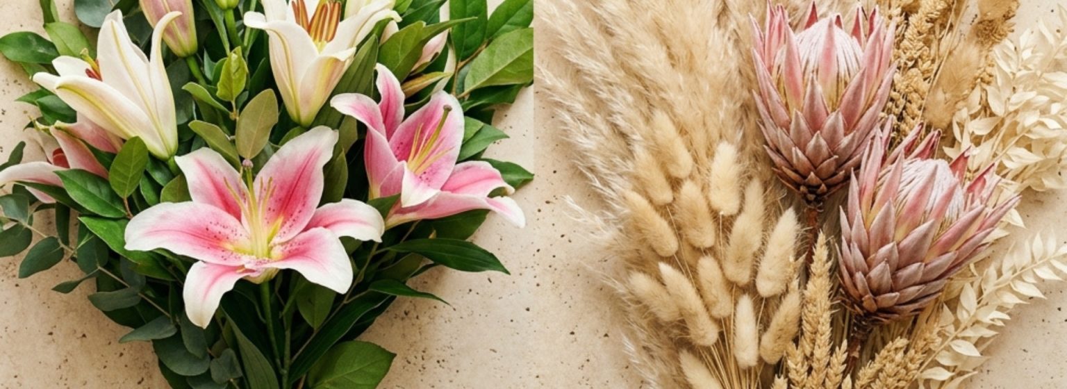 Side-by-side comparison of fresh lilies and dried protea flowers.