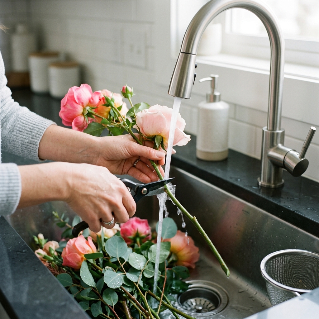 Hands cutting fresh pink rose stems under running water in a kitchen sink for better flower care