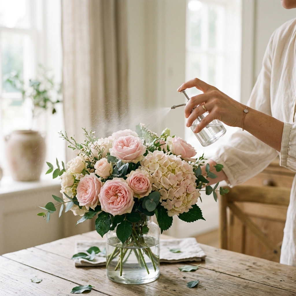 Woman misting pink roses and hydrangeas with a glass spray bottle to keep petals fresh in dry air