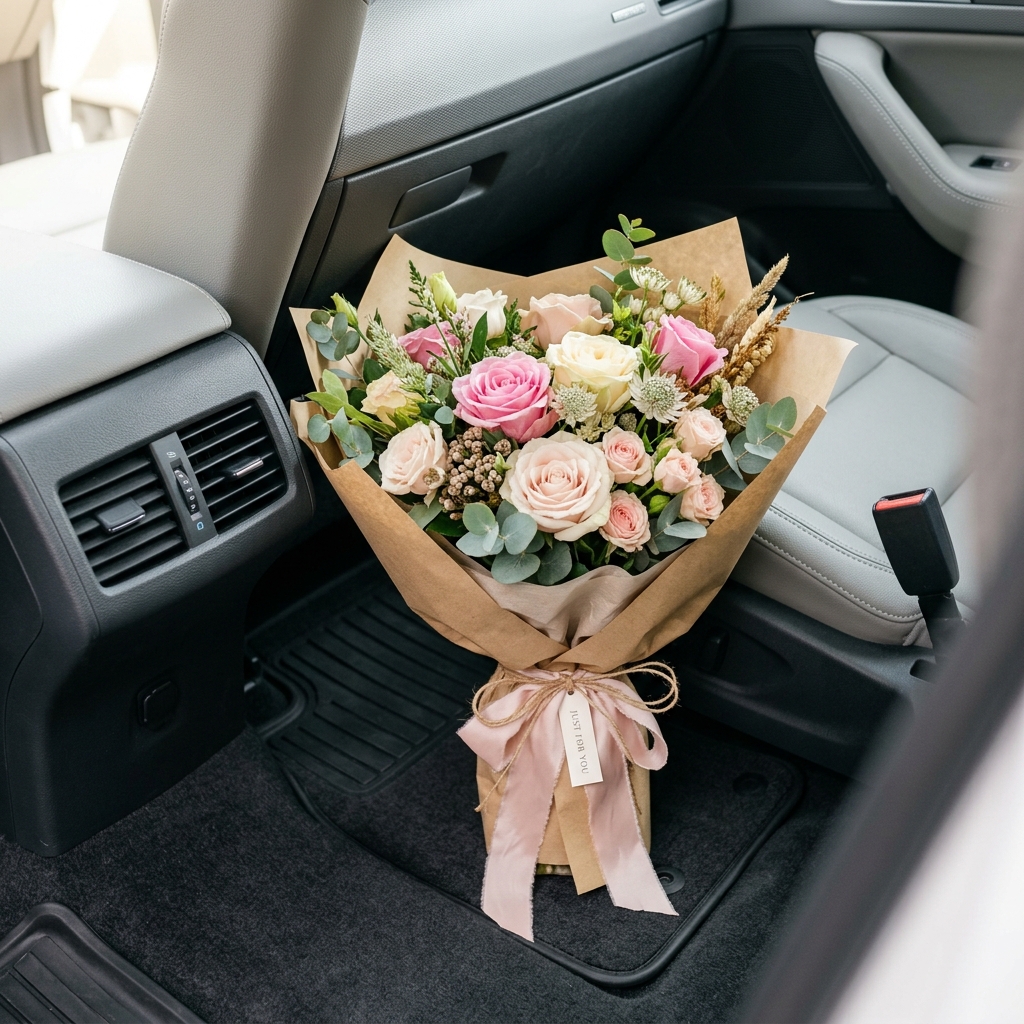 Wrapped pink rose bouquet placed safely in the footwell of a car cabin with AC vents visible