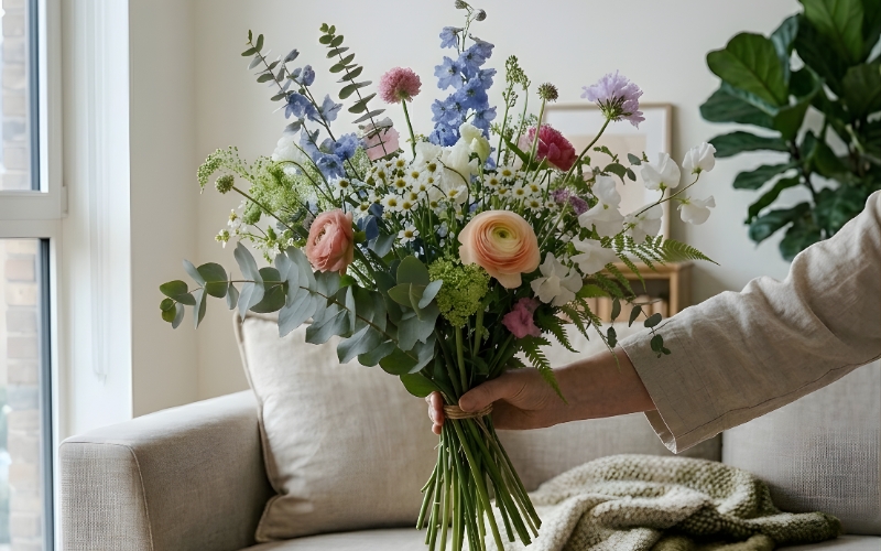 Wrapped spring flower bouquet with handwritten card as gift in Dubai
