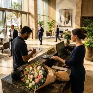 House of Flowers delivery being received at a luxury Dubai building reception desk with a blush rose bouquet in kraft paper