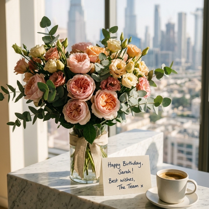 Pink and peach garden roses in a glass vase with a birthday card on a marble office surface with Dubai skyline in the background