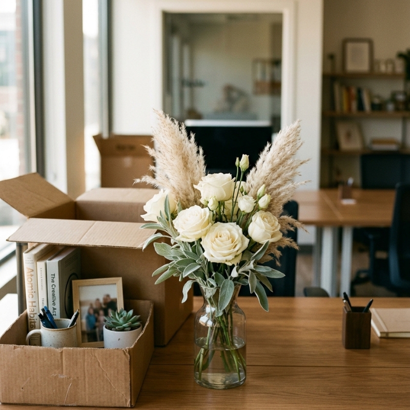 White roses and pampas grass arrangement in a glass vase on an office desk beside a packed cardboard moving box