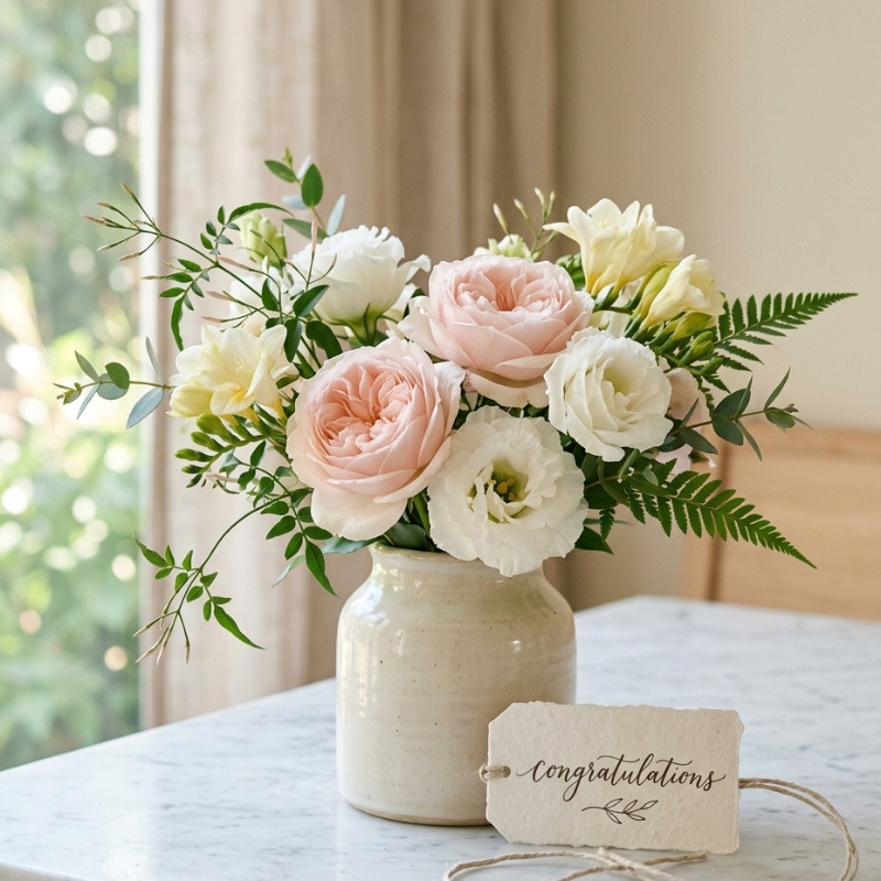 Blush garden roses and white lisianthus in a ceramic vase with a congratulations gift tag on a marble surface