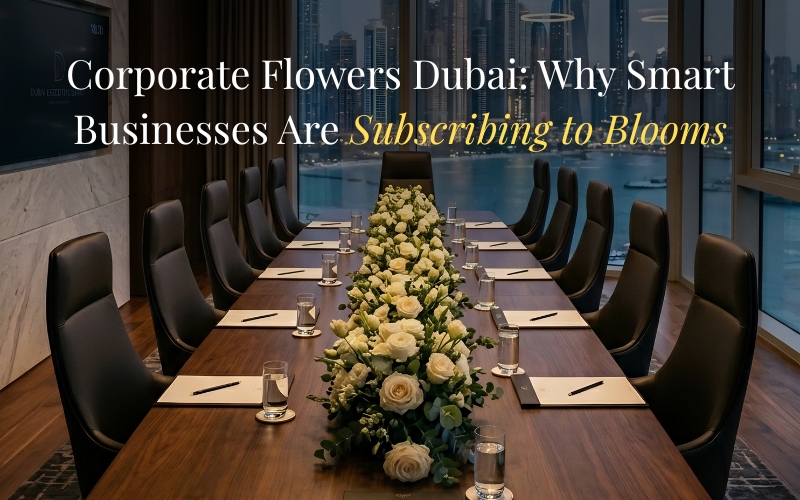 Corporate flowers Dubai — white rose and lisianthus centrepiece running along a boardroom table with Dubai Marina skyline at dusk