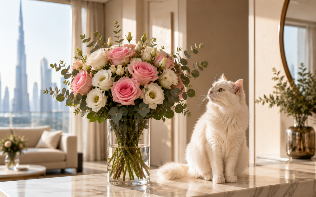 Flowers toxic to pets Dubai — pink roses and white lisianthus in a glass vase on marble with a white cat sitting beside the bouquet