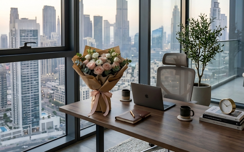 Fresh blush rose bouquet in kraft paper on a Dubai professional office desk with city skyline at dusk