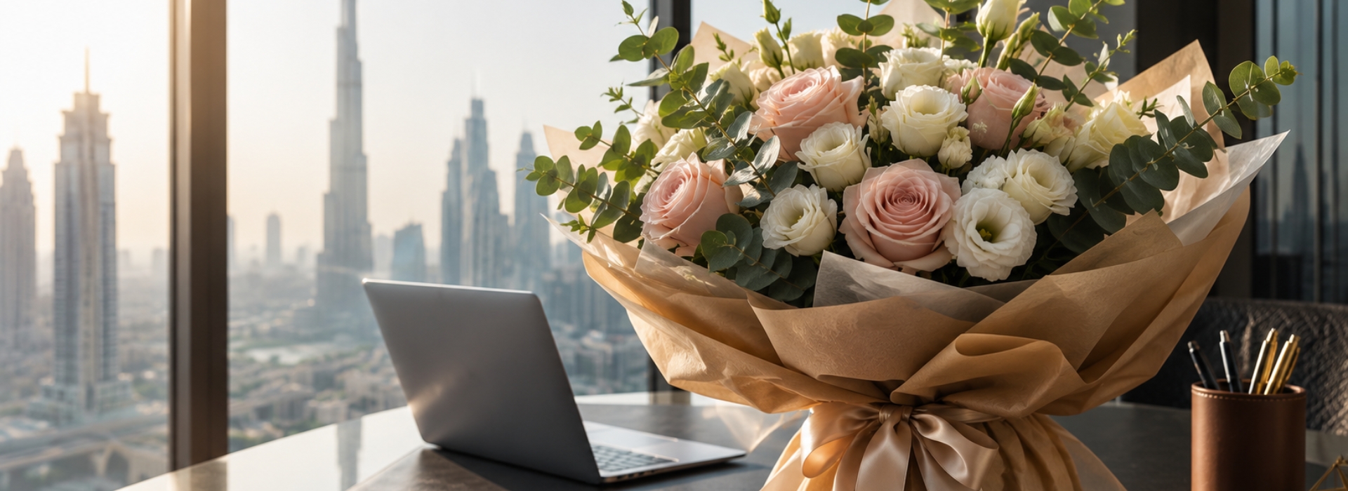 Same day gift delivery Dubai — blush roses and white lisianthus bouquet in kraft paper on an office desk with Burj Khalifa view