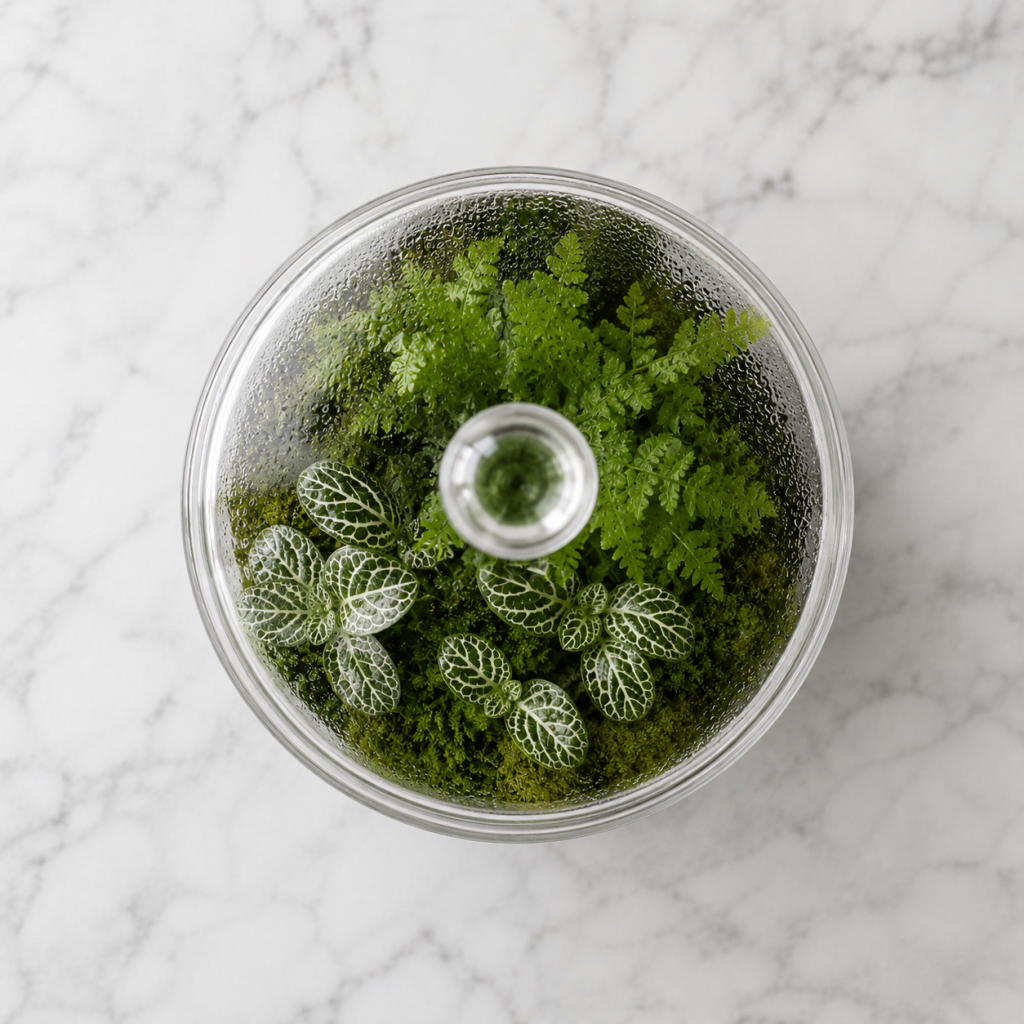 Closed terrarium plants for Dubai — tall sealed glass apothecary jar with layered moss, fittonia and miniature fern with condensation on the inside of the glass