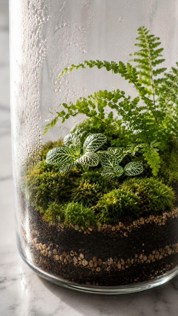 Close up of terrarium plants inside a glass vessel in Dubai — moss base, white veined fittonia leaves and miniature fern with water condensation on the glass