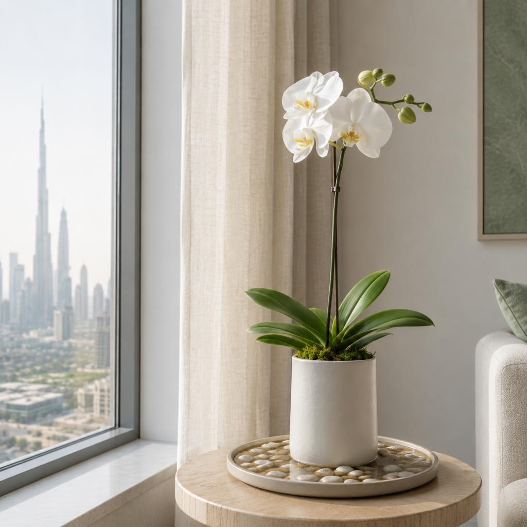 White Phalaenopsis orchid on side table with pebble humidity tray for orchid care in Dubai summer