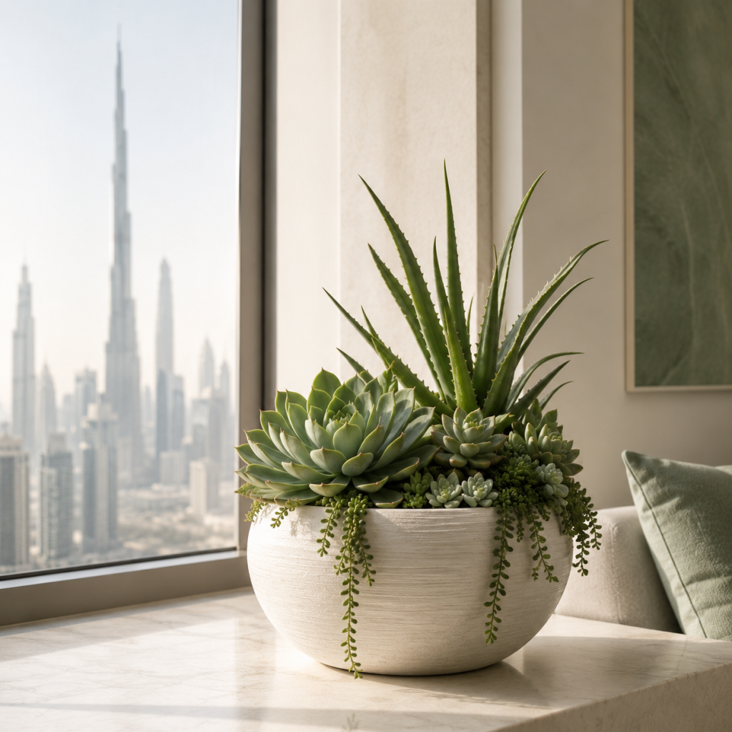 Succulent arrangement on marble windowsill in Dubai apartment, ideal indoor plant for Dubai summer