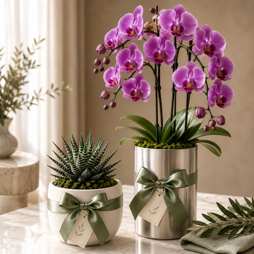 Succulent and orchid gift arrangement on marble, luxury plant gift from House of Flowers Dubai