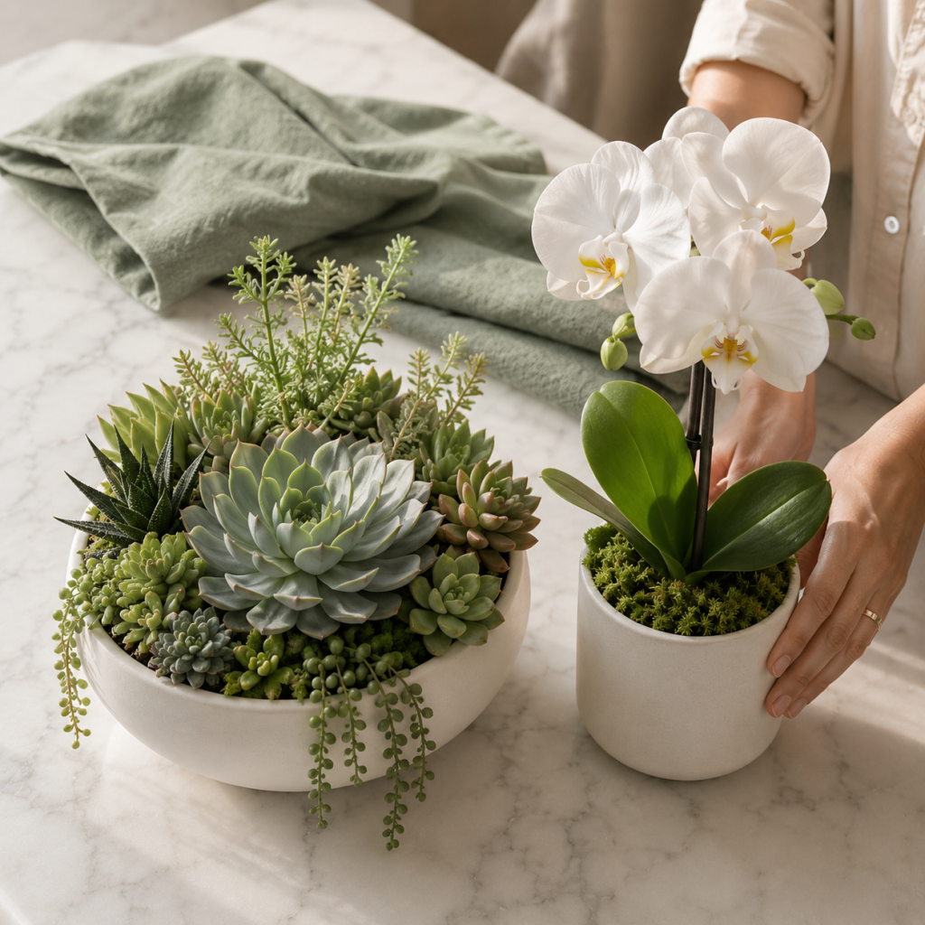 Side by side flat-lay of succulent and orchid on marble, comparing indoor plants for Dubai summer homes