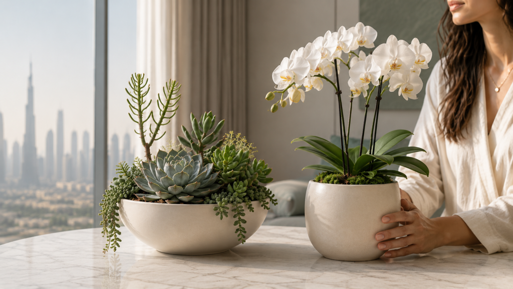 Succulent and orchid side by side on marble surface for indoor plants Dubai summer comparison