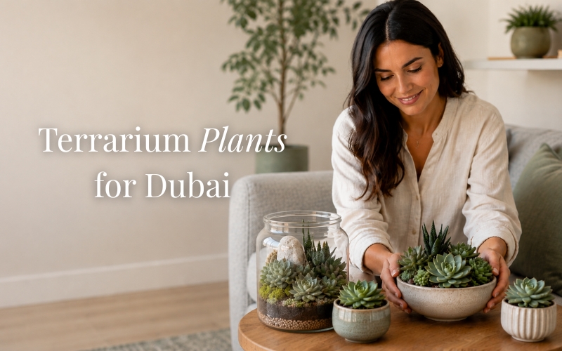Terrarium plants Dubai — bonsai ficus in a tall glass apothecary jar on a walnut desk inside a modern Dubai apartment with soft morning light