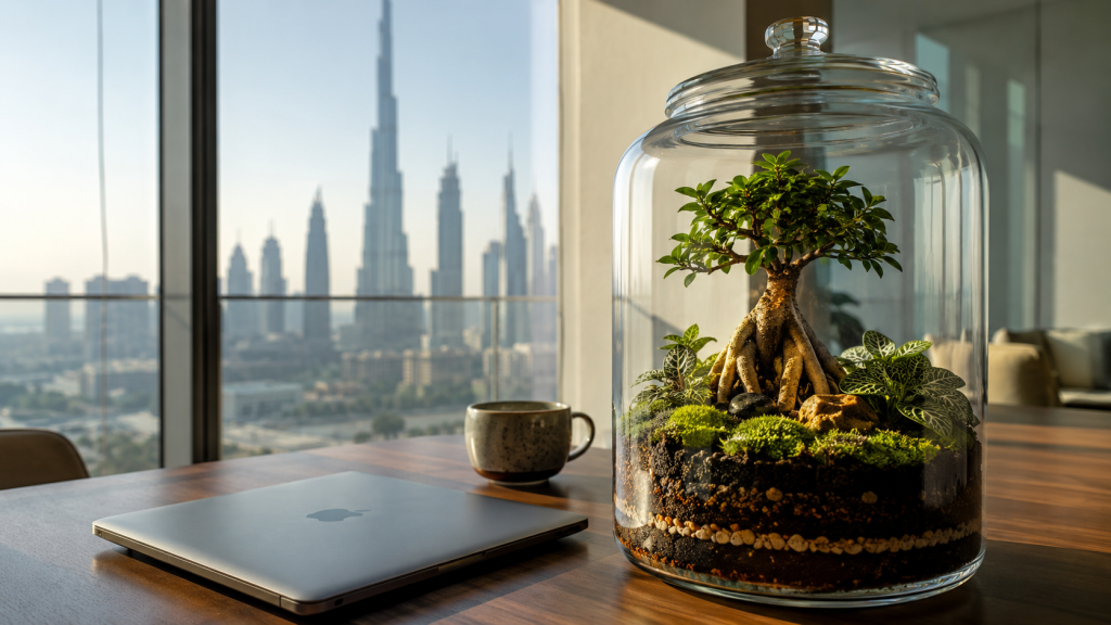 Terrarium plants Dubai — tall glass apothecary jar with bonsai ficus and moss on a wooden desk with a closed laptop and Dubai skyline beyond