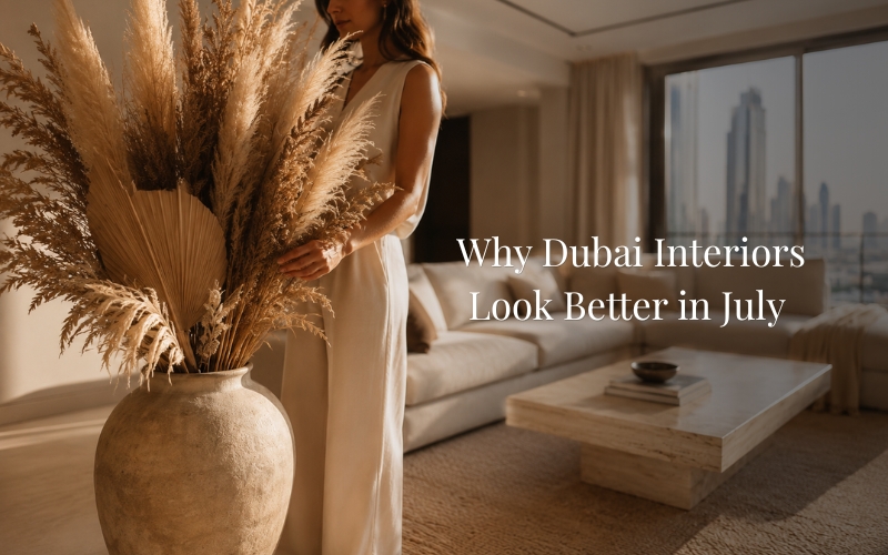 Floor vase with dried flower arrangements in a Dubai living room with warm neutral interiors