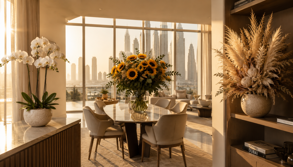 Three summer flower arrangements across a Dubai apartment interior — white orchid on a console, sunflowers on the dining table and dried pampas on a bookshelf with golden afternoon light