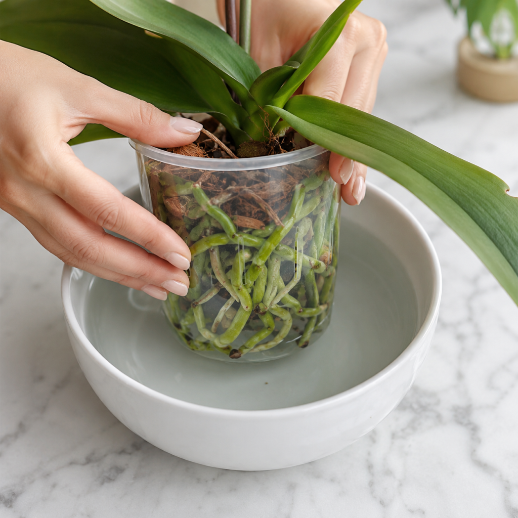 Orchid nursery pot being soaked in a bowl of water demonstrating proper orchid watering in UAE