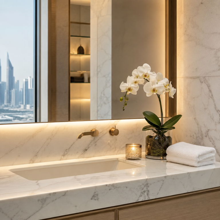 : Orchid arrangement on a bathroom vanity in a Dubai apartment, styled for a five-star hotel look