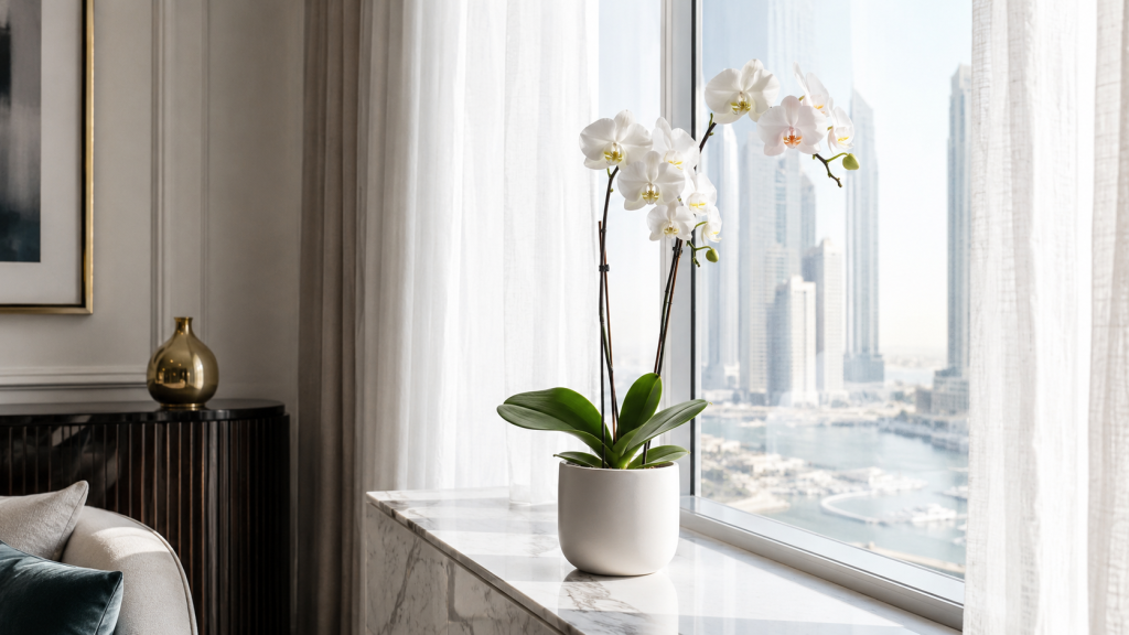 White Phalaenopsis orchid placed near a bright window for proper orchid care in a Dubai home