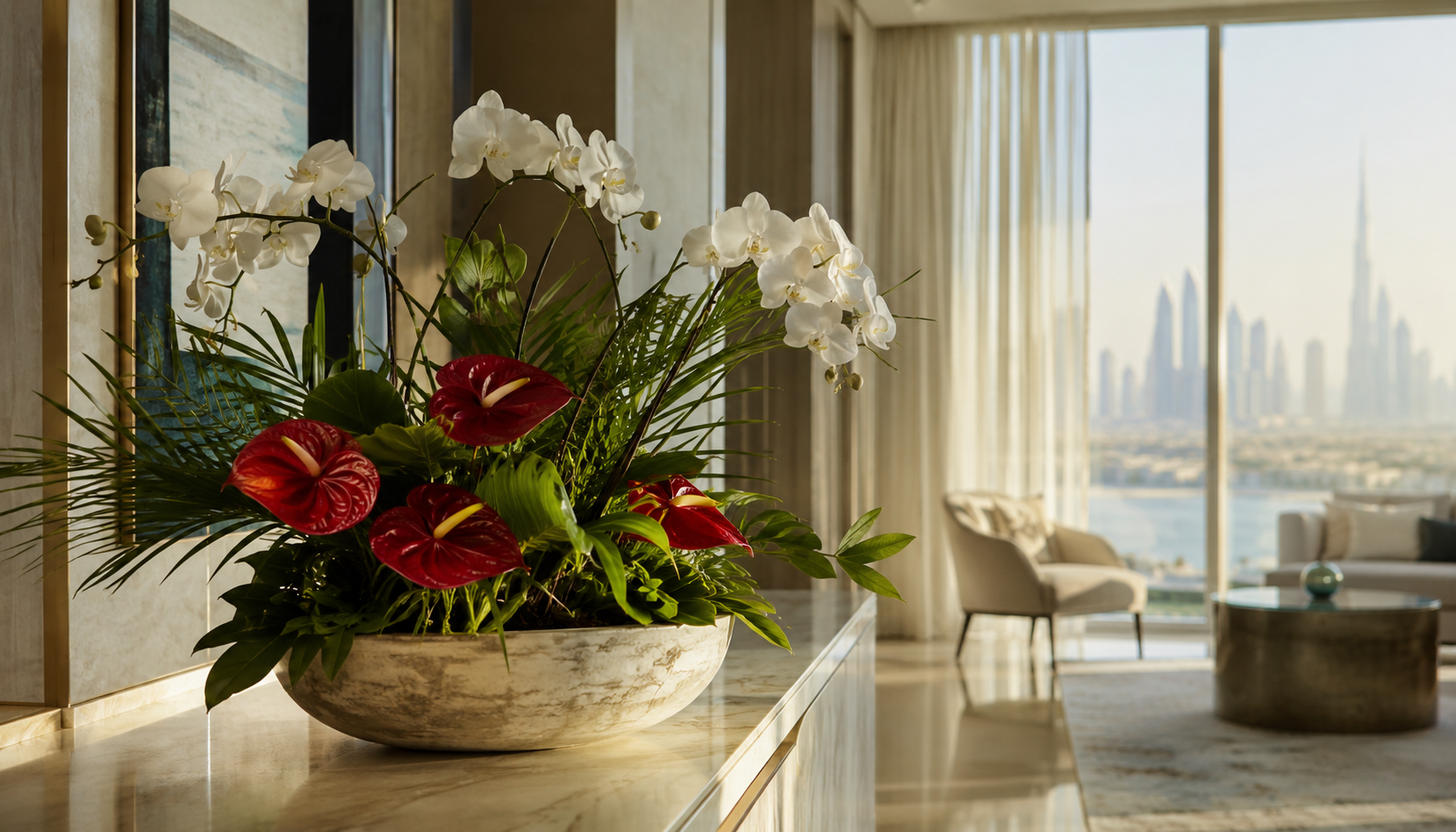 Summer flowers Dubai — deep red anthuriums and white orchid stems in a stone vessel on a marble console table inside a bright Dubai apartment with soft morning light