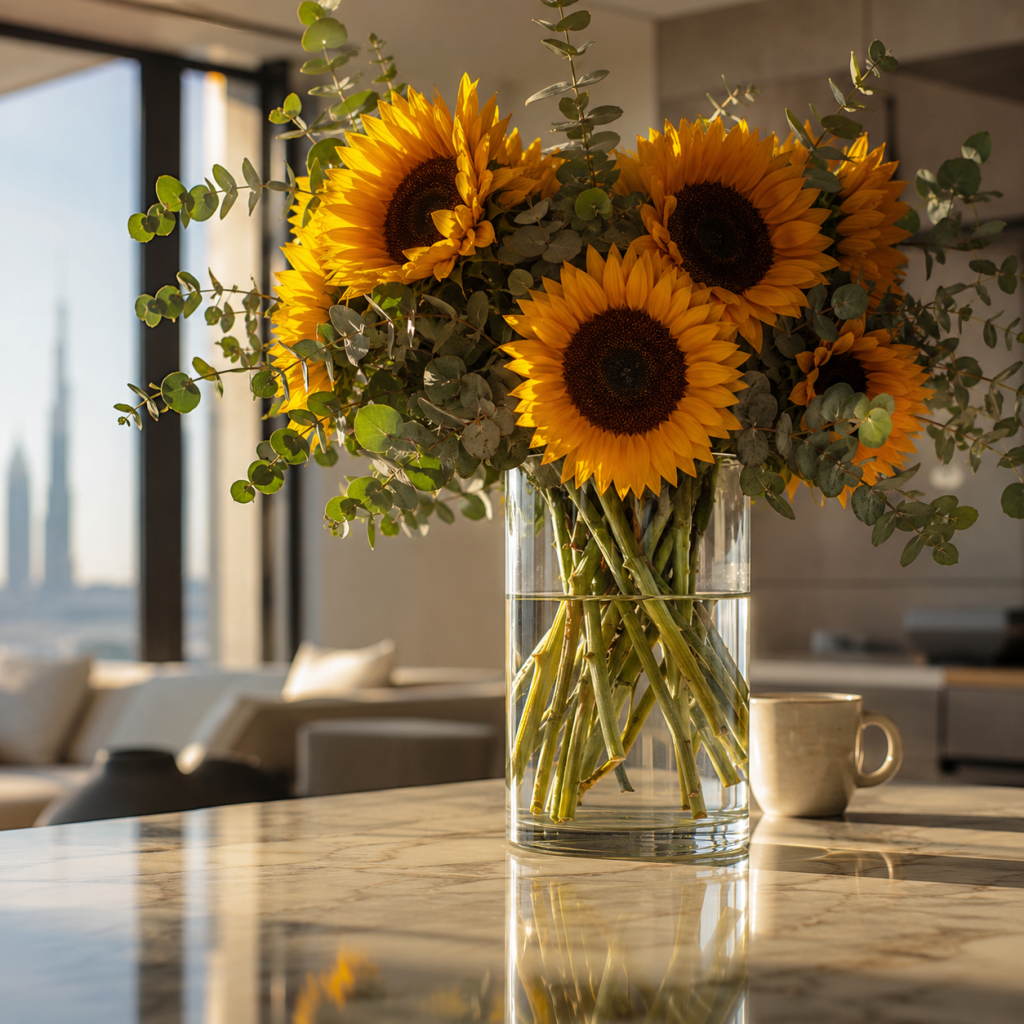 Yellow sunflowers and eucalyptus in a tall glass cylinder vase on a marble kitchen island inside a Dubai home — heat-resilient summer flowers UAE wide