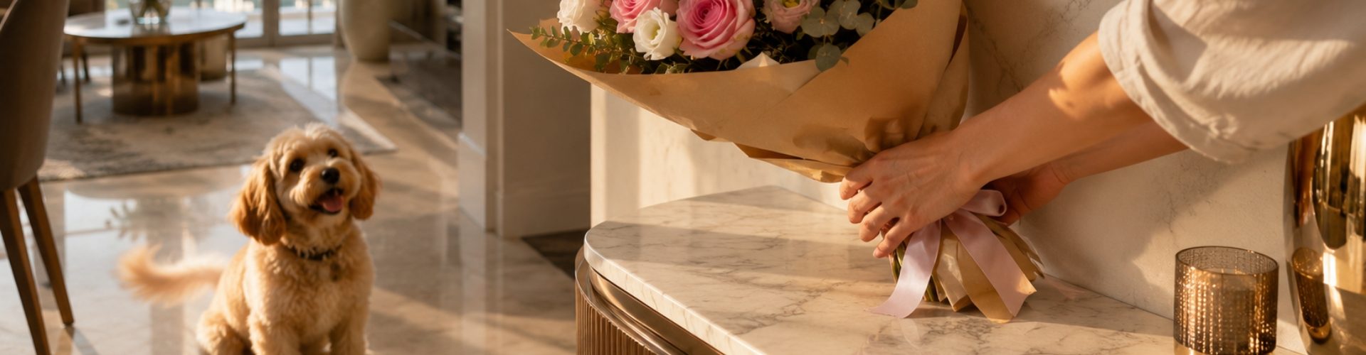 Wrapped pet-safe flower bouquet of pink roses and white lisianthus being delivered to a Dubai apartment with a small dog nearby
