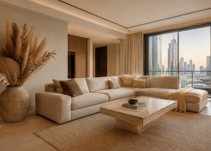 Floor vase with dried flower arrangements in a Dubai living room with warm neutral interiors