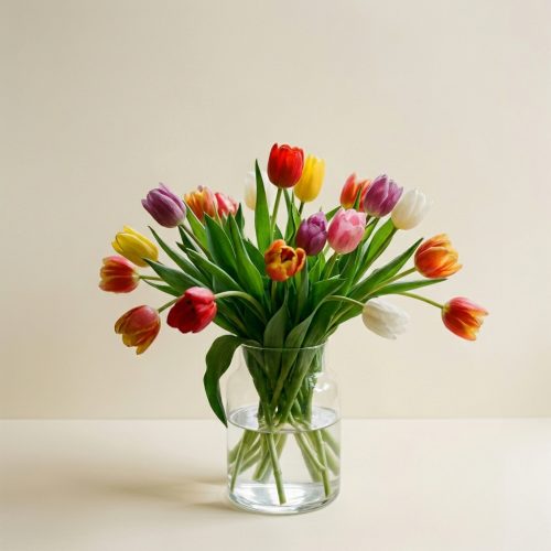 Vibrant mixed color tulips arranged loosely in a clear glass vase near a sunlit window