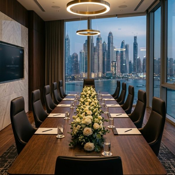 Corporate flowers Dubai — white rose and lisianthus centrepiece running along a boardroom table with Dubai Marina skyline at dusk