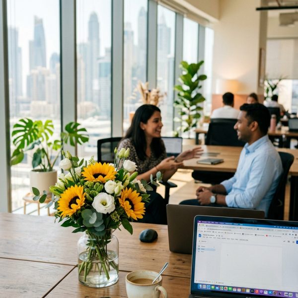 resh sunflowers and white lisianthus in a glass vase on a Dubai office desk with two colleagues in natural conversation in the background