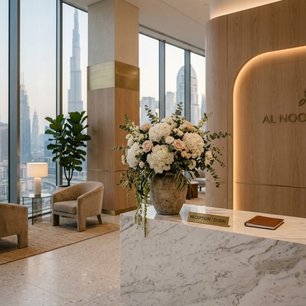 Corporate flowers Dubai hero — oversized white hydrangea and blush rose arrangement in a stone vase on a marble reception desk with Burj Khalifa view