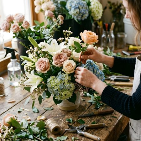 Florist handcrafting a pastel bouquet with roses, lilies, and hydrangeas for flower delivery in Dubai