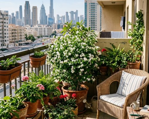Dubai balcony with potted jasmine and terracotta plants in spring