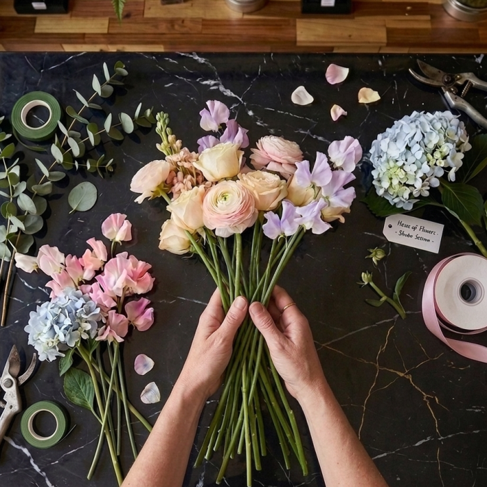 custom floral styling designer arranging fresh blooms in Dubai studio