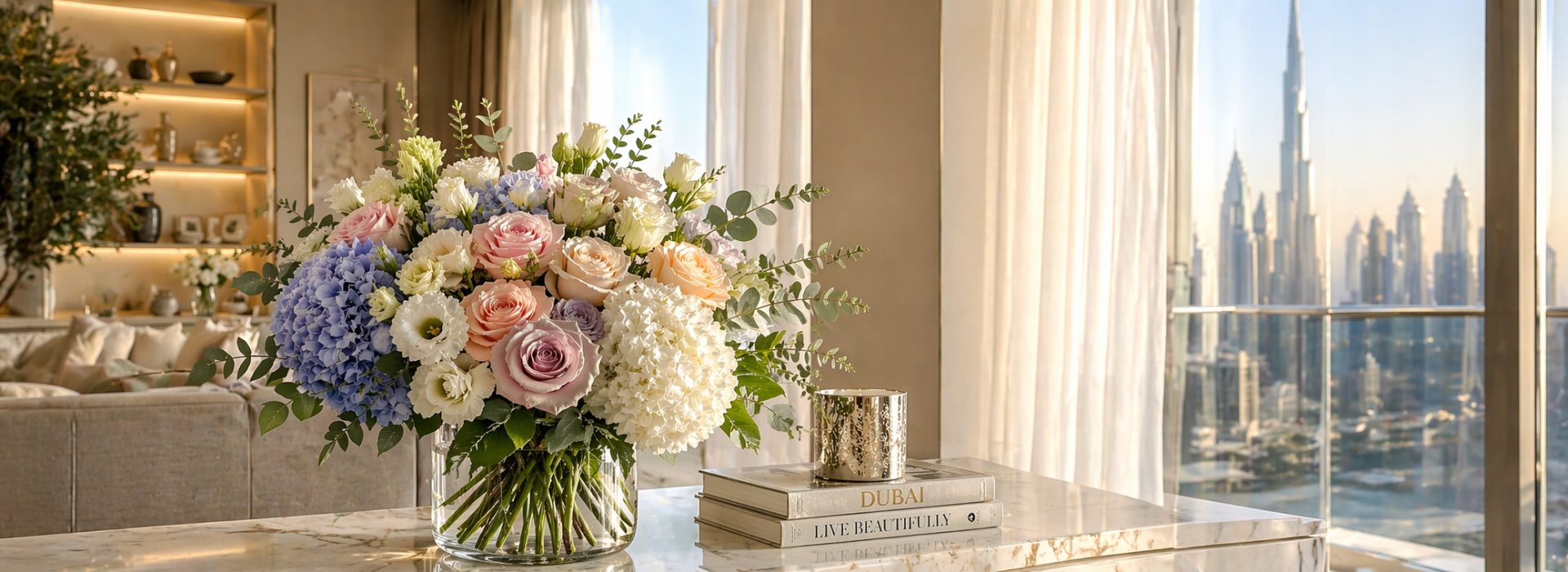 Flower care Dubai summer — mixed bouquet of roses and hydrangeas on a marble table with Burj Khalifa view