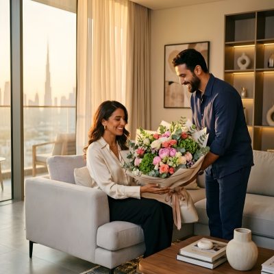 Man surprising partner with a flower bouquet in a Dubai apartment with Burj Khalifa skyline view