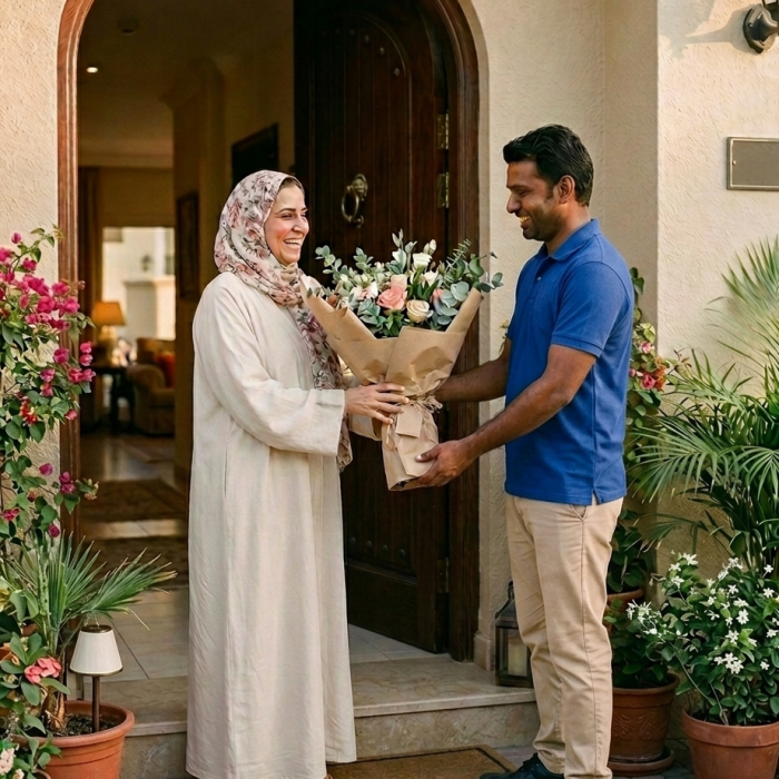same day flower delivery Dubai delivery person handing bouquet to customer