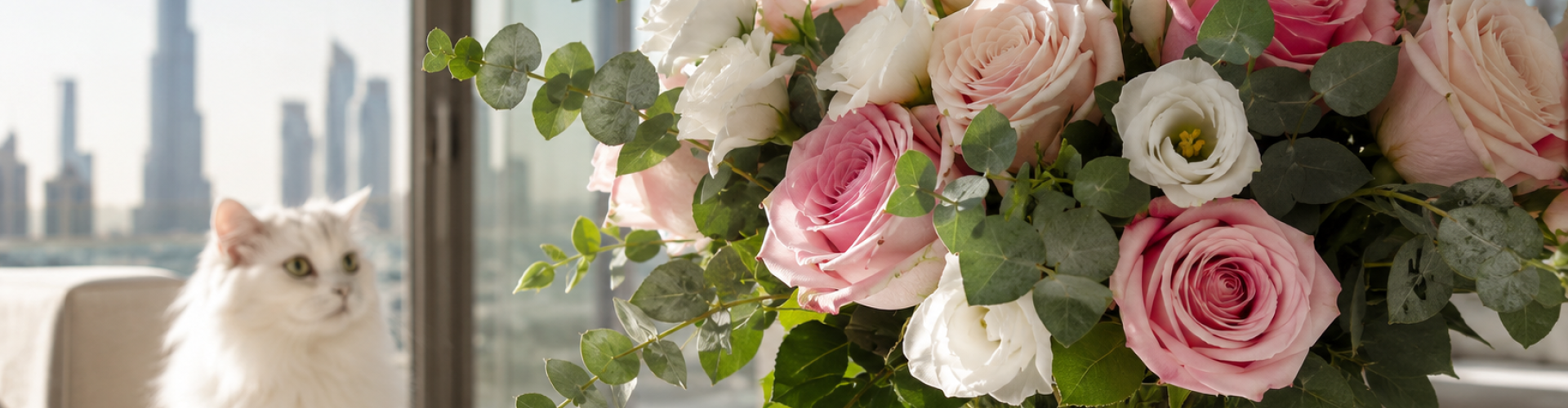 Flowers toxic to pets Dubai — pink roses and white lisianthus bouquet in glass vase on marble table with white cat in background